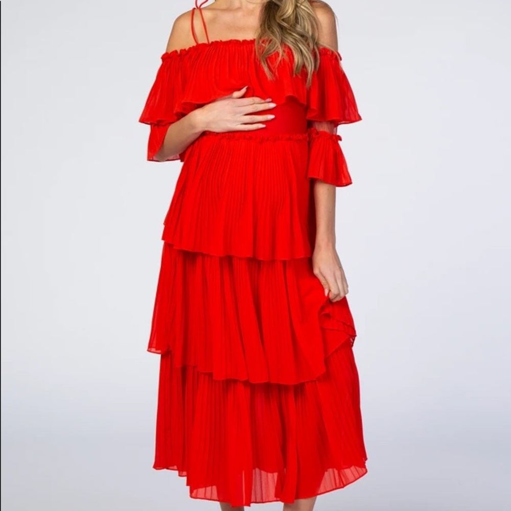 Waverleigh red pleated ruffle maternity dress